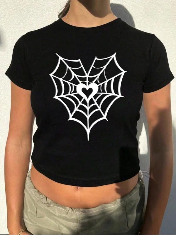 Women's Heart & Spider Web Print Crop Tee, Casual Round Neck Short Sleeve T-shirt, Ladies Clothes for Summer Daily Wear...