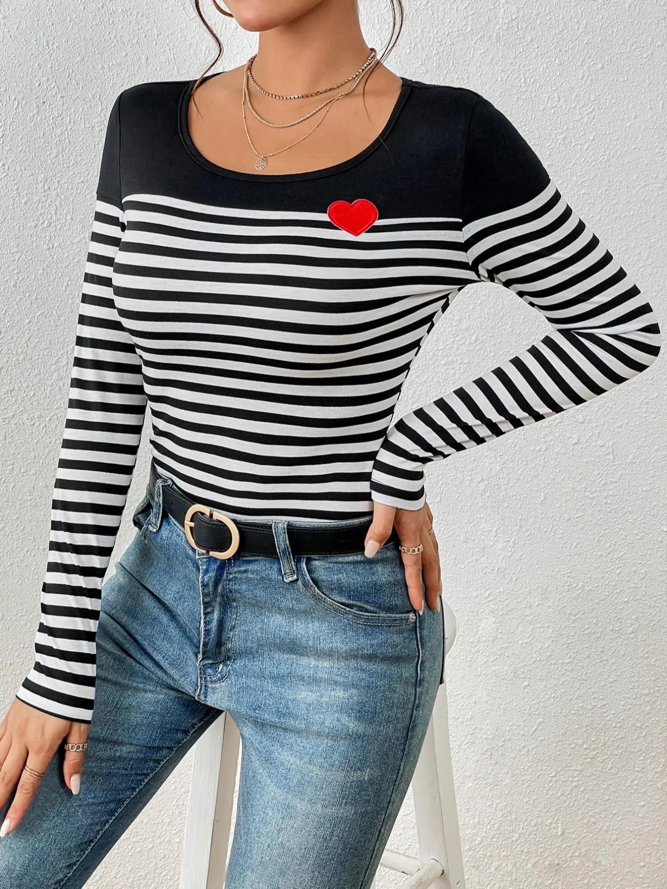 Women's Heart & Striped Print Long Sleeve Tee without Necklace Casual Comfy Scoop Neck T-shirt for Spring & Fall, Fashion...