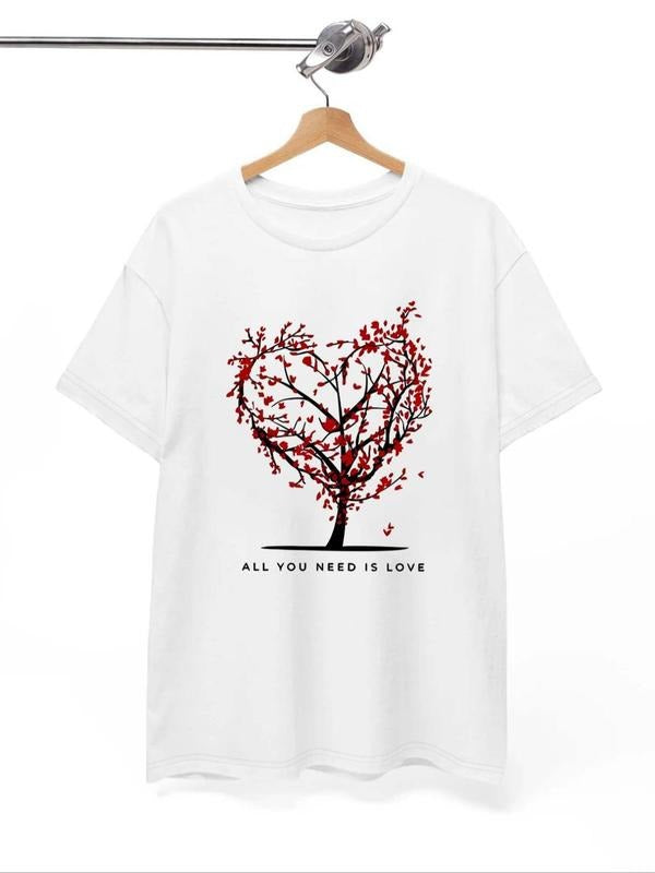 Women's Heart & Tree Print Crew Neck Tee, Fashion Slogan Graphic Short Sleeve T-Shirt, Ladies Summer Outfit Hoodie,...