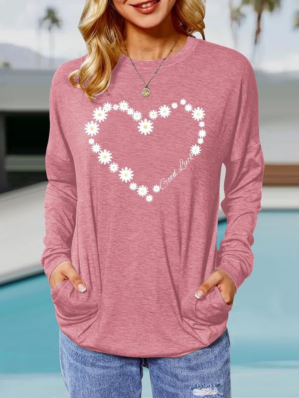 Women's Heart Floral Print Round Neck Long Sleeve Pullover, Casual Loose Fit T-Shirt for Spring & Fall, Comfortable Daily...