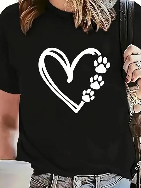 Women's Heart Graphic Print Round Neck Tee, Fashion Casual Short Sleeve T-shirt for Daily Wear, Ladies Summer Clothes...