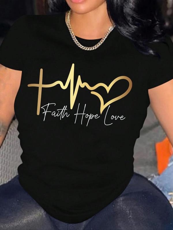 Women's Heart Graphic Print Round Neck Tee, Fashion Casual Short Sleeve T-shirt, Ladies Summer Clothes for Daily Wear...