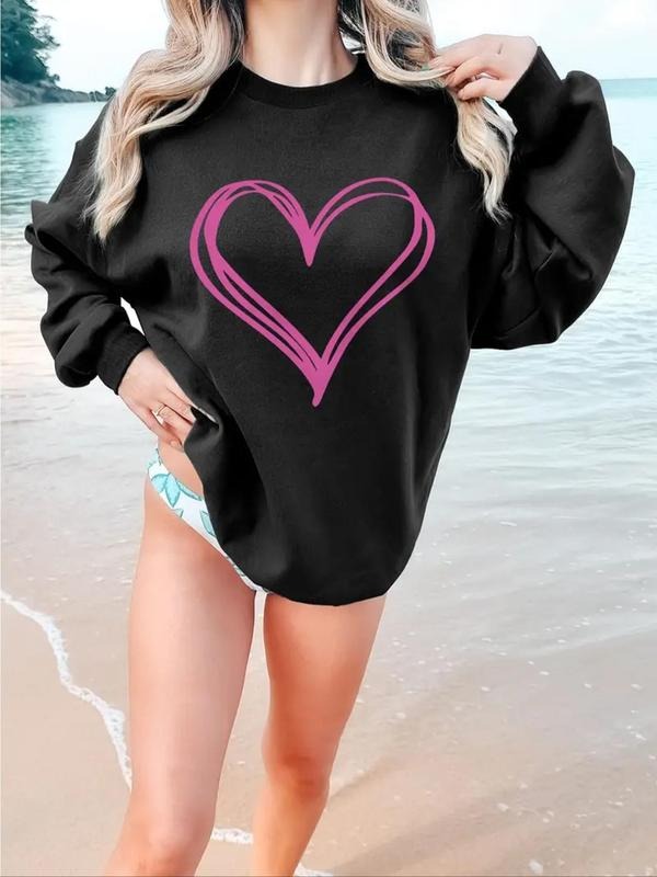 Women's Heart Print Crew Neck Pullover, Casual Long Sleeve Sweatshirt for Fall & Winter, Women's Clothes for Daily Wear...