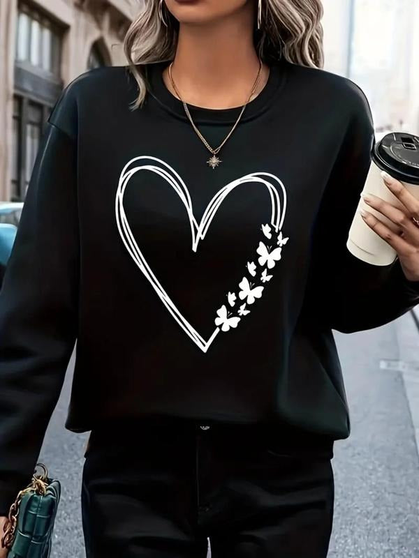 Women's Heart Print Crew Neck Sweatshirt, Casual Long Sleeve Pullover for Fall & Winter, Fashion Women's Top for Daily...