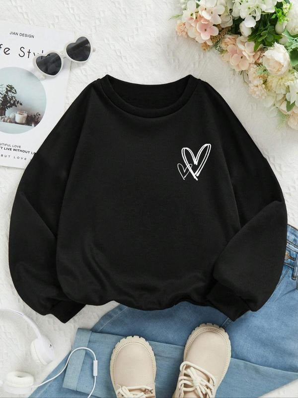 Women's Heart Print Crew Neck Sweatshirt, Casual Long Sleeve Pullover for Fall & Winter, Women's Clothes for Daily Wear...