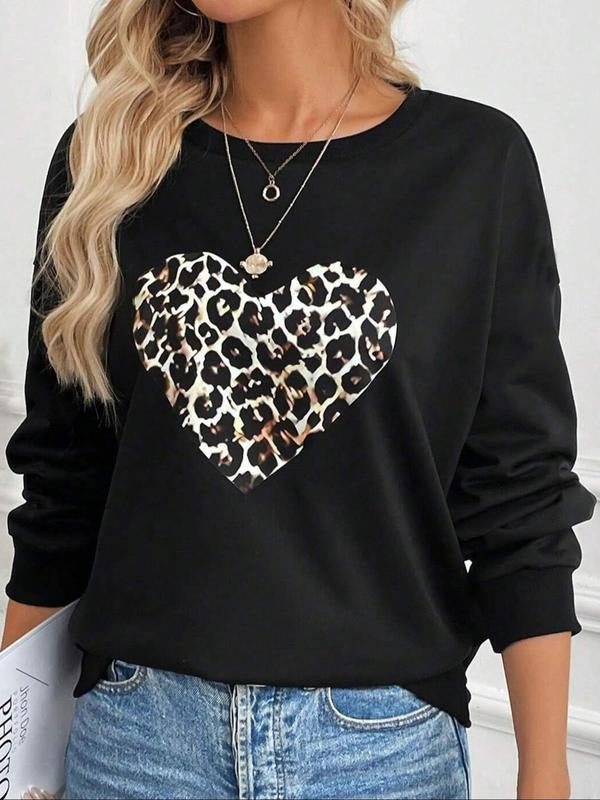 Women's Heart Print Crew Neck Sweatshirt, Casual Long Sleeve Pullover for Fall & Winter, Women's Clothes for Daily Wear...