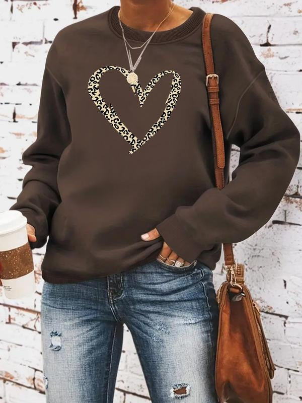 Women's Heart Print Crew Neck Sweatshirt, Casual Long Sleeve Pullover for Spring & Fall, Fashion Women's Top for Daily...