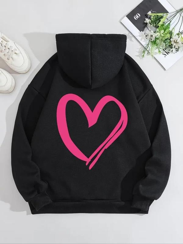 Women's Heart Print Drawstring Hoodie, Casual Long Sleeve Hooded Sweatshirt for Fall & Winter, Women's Clothes for Daily...