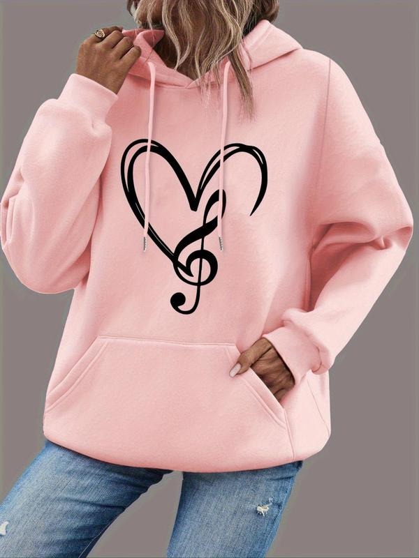 Women's Heart Print Drawstring Hoodie, Casual Long Sleeve Pocket Hooded Sweatshirt for Fall & Winter, Women's Clothes for...