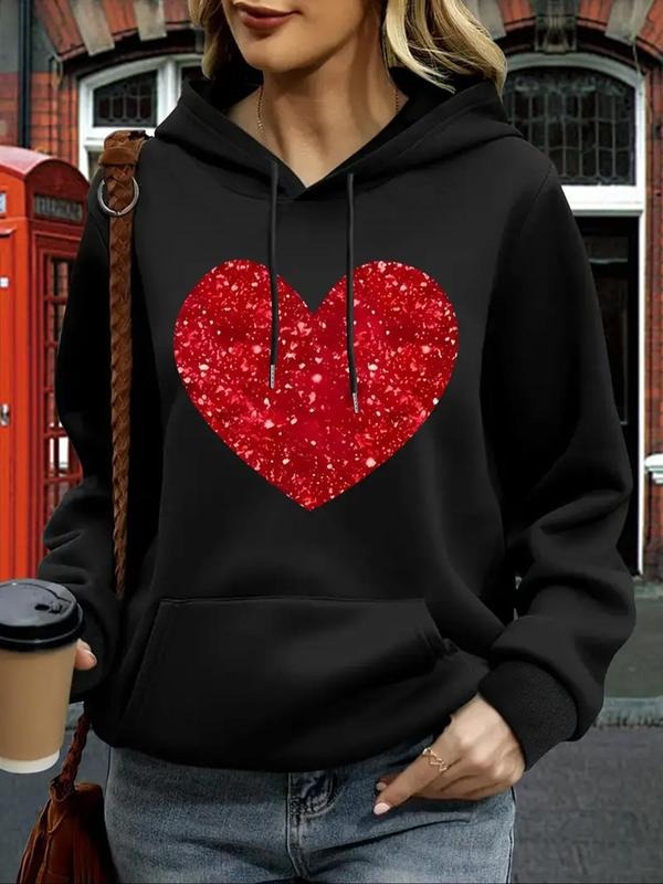 Women's Heart Print Drawstring Hoodie, Fashion Casual Pocket Hooded Sweatshirt for Daily Outdoor Wear, Women Fall &...