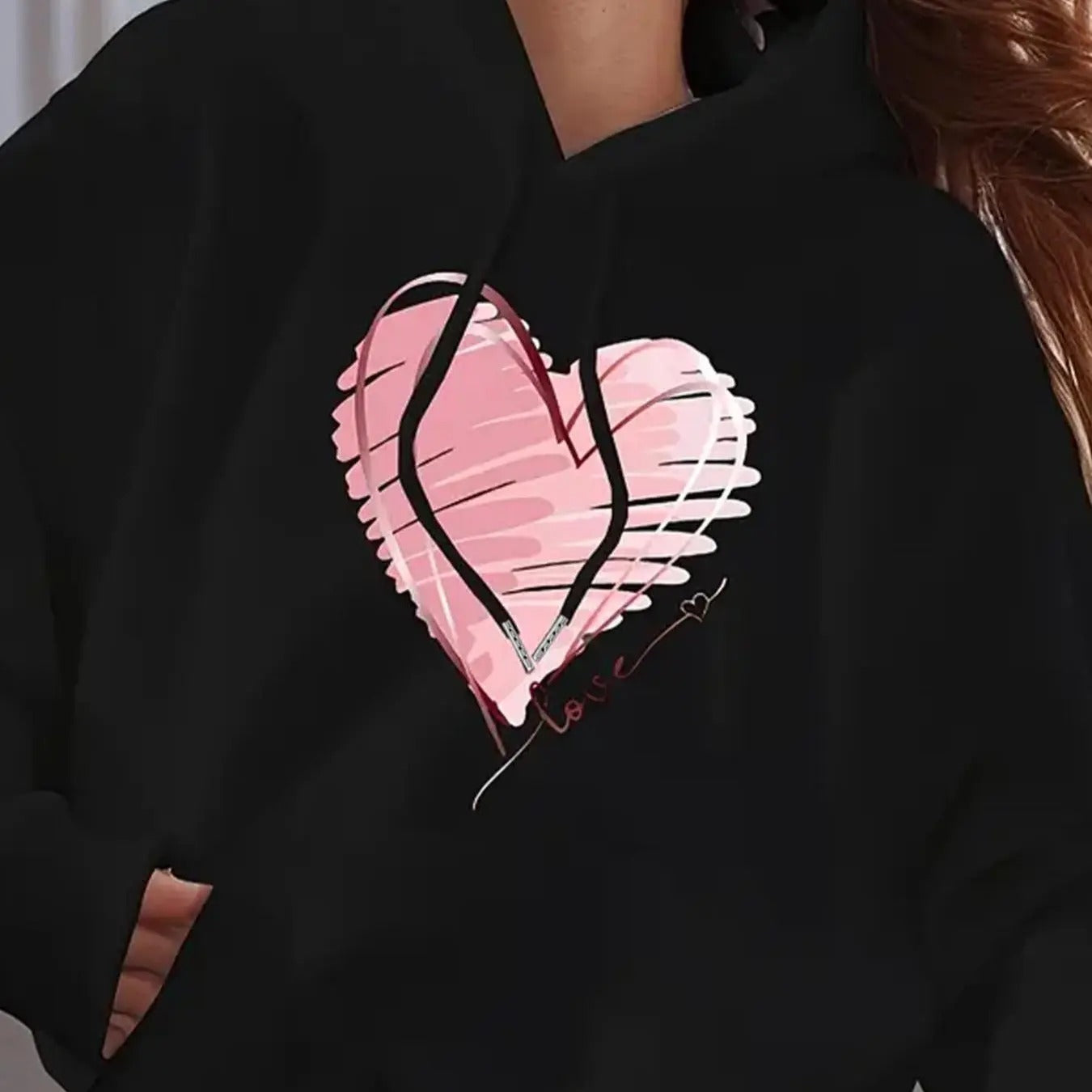 Women's Heart Print Drop Shoulder Drawstring Hoodie, Fashion Casual Pocket Hooded Sweatshirt for Daily Holiday Outdoor...