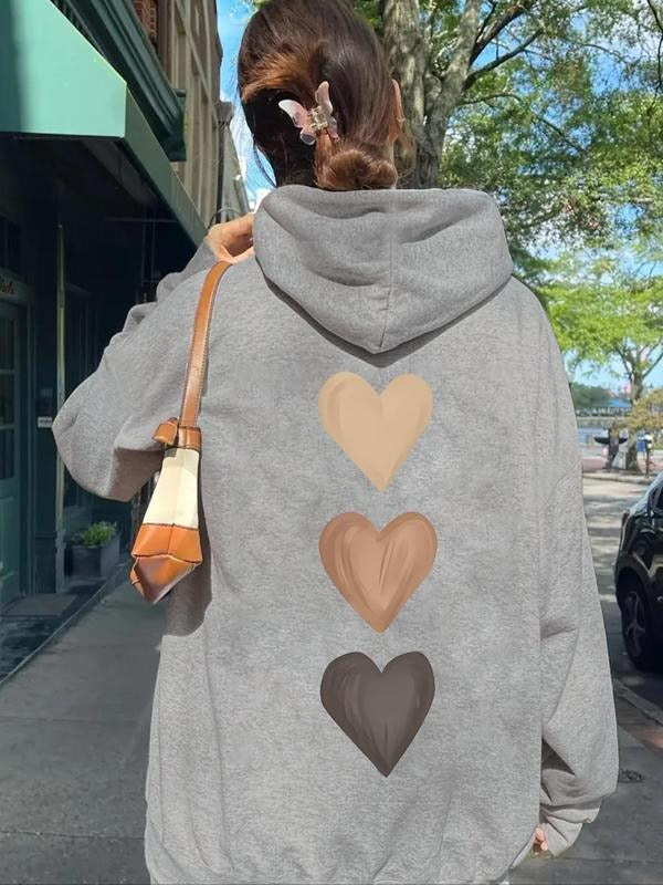 Women's Heart Print Drop Shoulder Drawstring Hoodie, Fashion Casual Pocket Hooded Sweatshirt for Daily Holiday Outdoor...