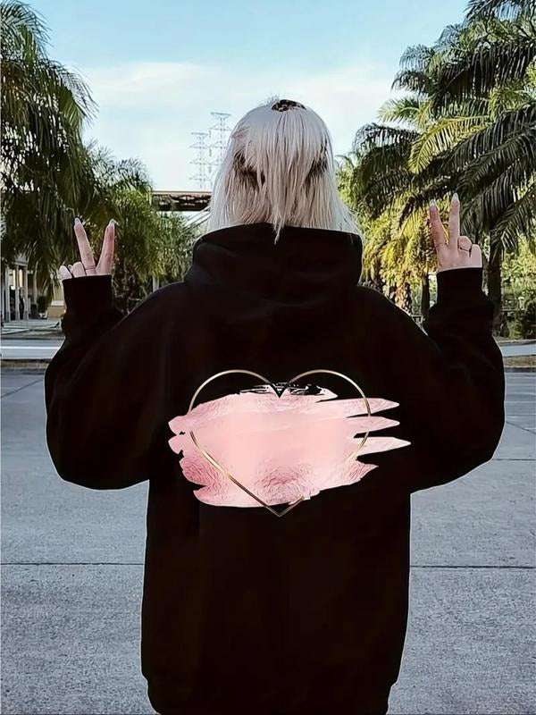 Women's Heart Print Drop Shoulder Hoodie, Fashion Casual Drawstring Pocket Hooded Sweatshirt for Daily Holiday Outdoor...