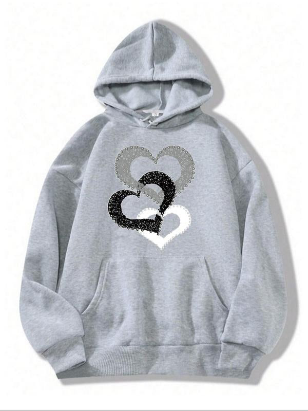 Women's Heart Print Drop Shoulder Hoodie, Fashion Casual Drawstring Pocket Hooded Sweatshirt for Daily Holiday Outdoor...