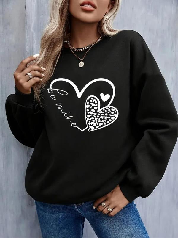 Women's Heart Print Drop Shoulder Sweatshirt, 2024 New Style Casual Long Sleeve Round Neck Pullover for Daily Wear,...