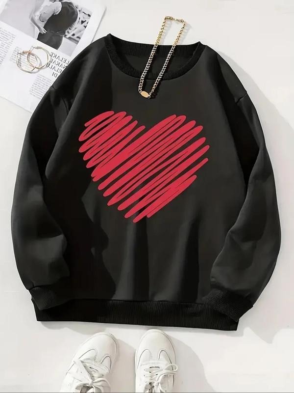 Women's Heart Print Drop Shoulder Sweatshirt, Casual Long Sleeve Round Neck Pullover for Fall & Winter, Ladies Clothes...