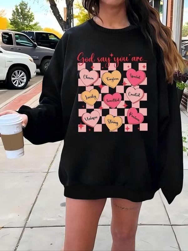 Women's Heart Print Drop Shoulder Sweatshirt, Casual Long Sleeve Round Neck Pullover for Fall & Winter, Women's Clothes...