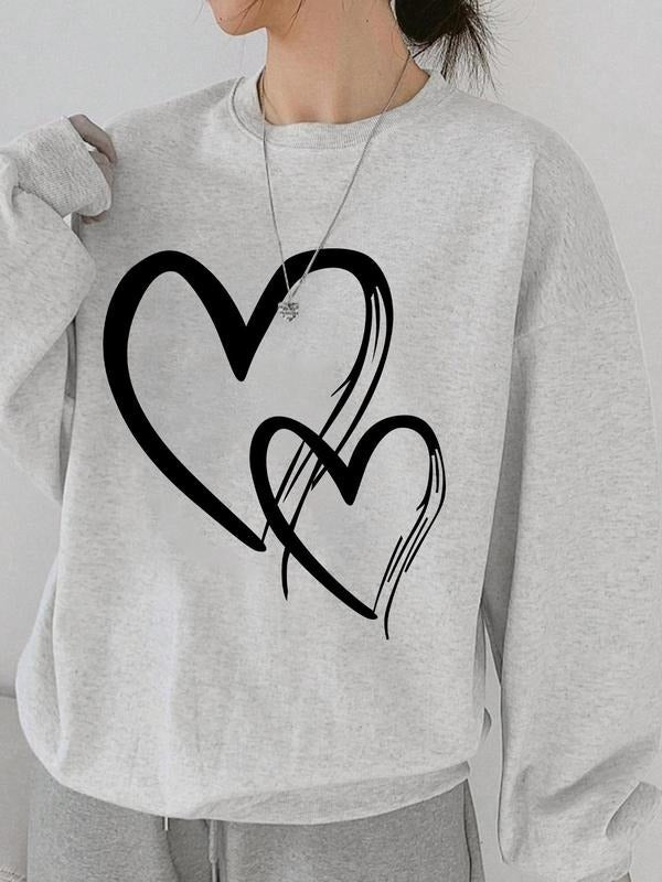 Women's Heart Print Drop Shoulder Thermal Lined Sweatshirt, Casual Long Sleeve Round Neck Pullover for Fall & Winter,...
