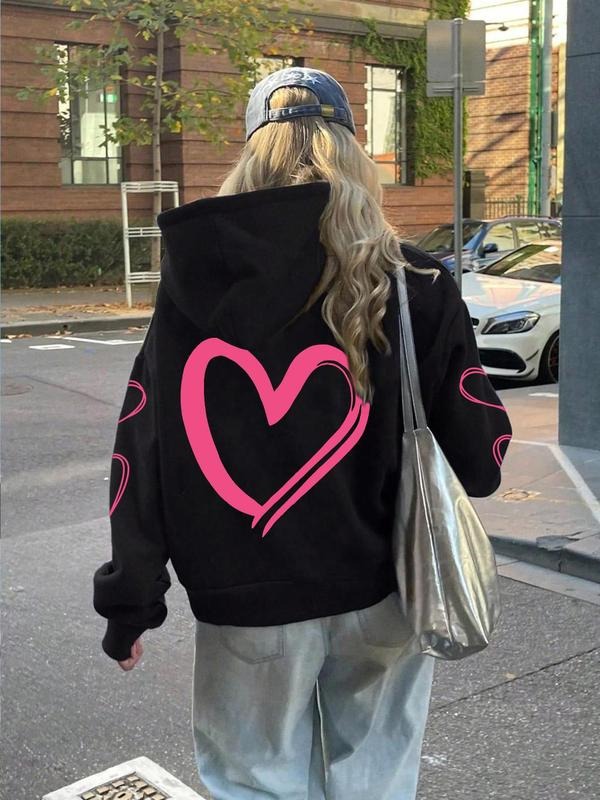 Women's Heart Print Hoodie, Casual Long Sleeve Hooded Sweatshirt for Fall & Winter, Women's Clothes for Daily Wear T-Shirts