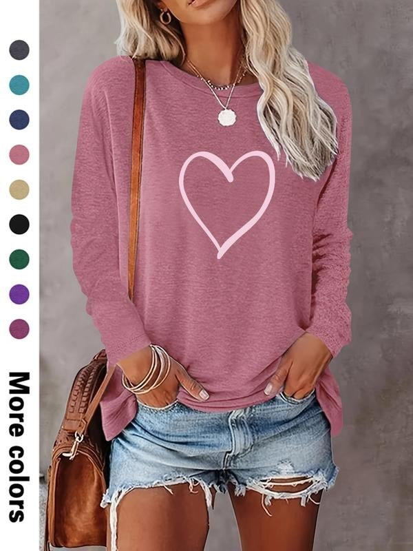 Women's Heart Print Long Sleeve Tee, Casual Comfy Crew Neck T-shirt for Spring & Fall, Women's Top for Daily Wear Hoodie,...