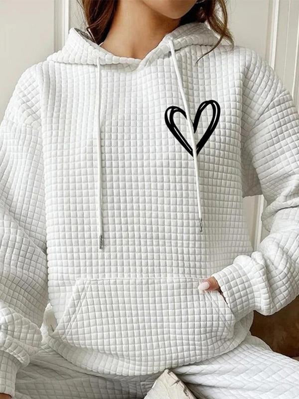 Women's Heart Print Quilted Hoodie, Casual Long Sleeve Hooded Sweatshirt for Fall & Winter, Women's Clothes for Daily...