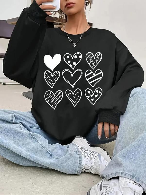 Women's Heart Print Round Neck Pullover, Casual Long Sleeve Crew Neck Sweatshirt for Daily Wear, Ladies Clothes for All...
