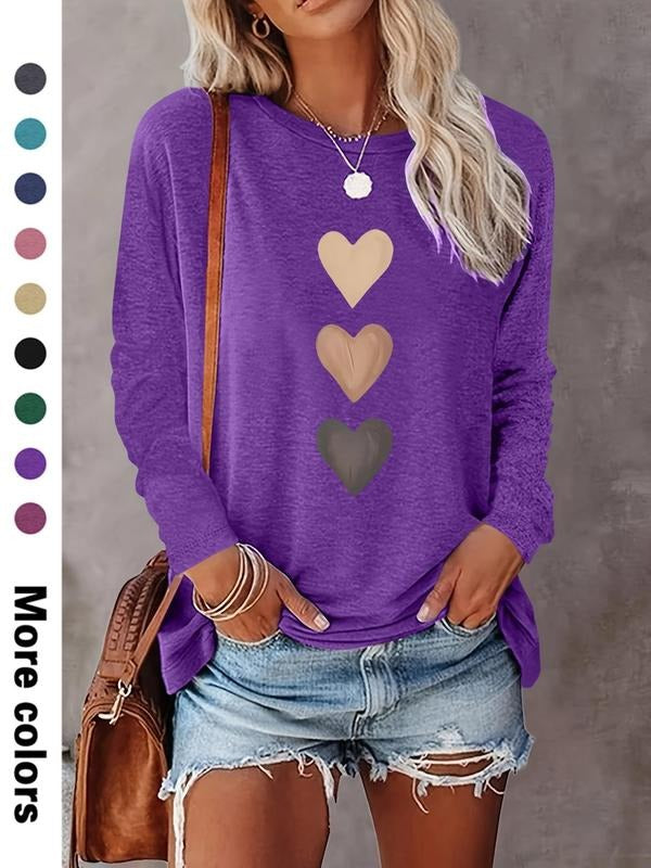 Women's Heart Print Round Neck Tee, Casual Long Sleeve Crew Neck T-shirt for Daily Wear, Ladies Clothes for All Seasons,...