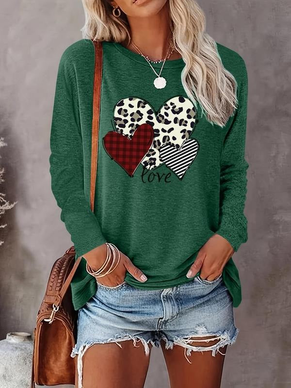 Women's Heart Print Round Neck Tee, Casual Long Sleeve Crew Neck T-shirt for Fall & Winter, Women's Top for Daily Wear...