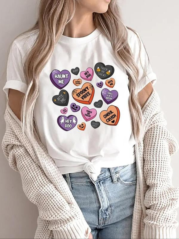 Women's Heart Print Round Neck Tee, Casual Long Sleeve Crew Neck T-shirt for Summer, Fashion Women's Top for Daily Wear...