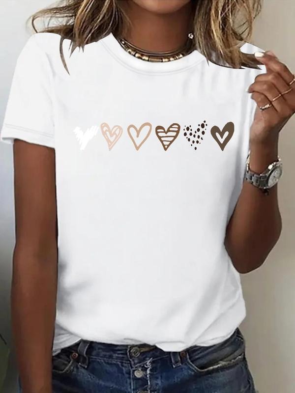 Women's Heart Print Round Neck Tee, Casual Short Sleeve Crew Neck T-Shirt for Spring & Summer, Fashion Women's Top for...
