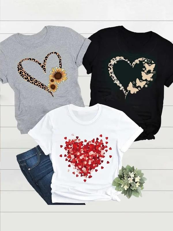 Women's Heart Print Round Neck Tee, Casual Short Sleeve Crew Neck T-shirt for Spring & Fall, Fashion Women's Top for...