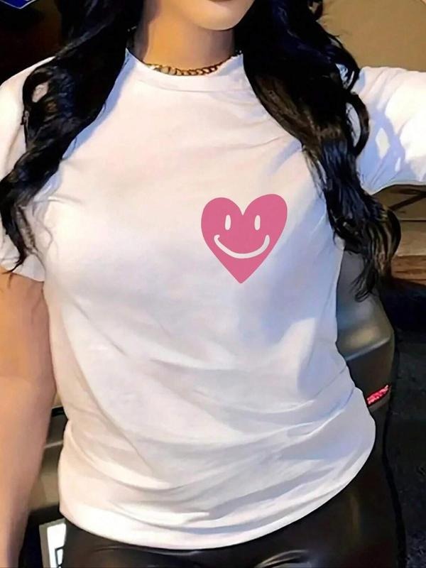 Women's Heart Print Round Neck Tee, Casual Short Sleeve Crew Neck T-shirt for Summer, Fashion Women's Top for Daily Wear...