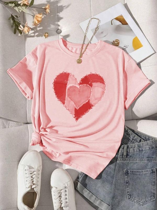 Women's Heart Print Round Neck Tee, Casual Short Sleeve Crew Neck T-shirt for Summer, Fashion Women's Top for Daily Wear...