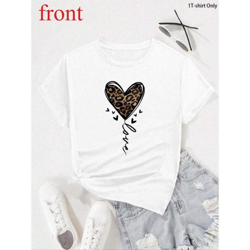 Women's Heart Print Round Neck Tee, Casual Short Sleeve Crew Neck T-shirt for Summer, Women's Clothing for Daily Wear...