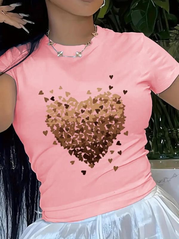 Women's Heart Print Round Neck Tee, Casual Short Sleeve T-shirt for Summer, Ladies Clothes for Daily Wear Hoodie, Sweatshirt