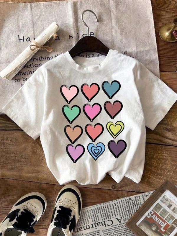 Women's Heart Print Round Neck Tee, Fashion Crew Neck Short Sleeve T-Shirt, Ladies Summer Clothes Hoodie, Sweatshirt