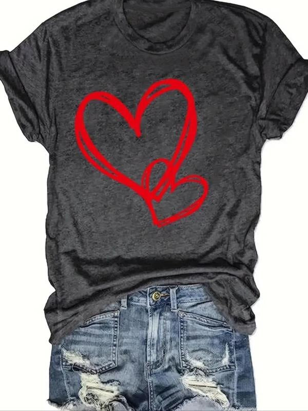 Women's Heart Print Round Neck Tee, Vintage Trendy Casual Short Sleeve T-shirt for Daily Wear, Ladies Summer Outfit...