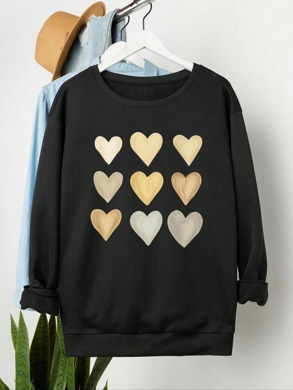 Women's Heart Print Round Neck Thermal Lined Pullover, Casual Long Sleeve Crew Neck Sweatshirt for Fall & Winter, Women's...