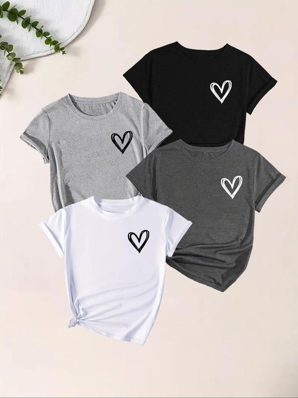 Women's Heart Print Short Sleeve Tee, Casual Round Neck Graphic T-shirt, Women's Top for Summer Daily Wear Hoodie, Sweatshirt
