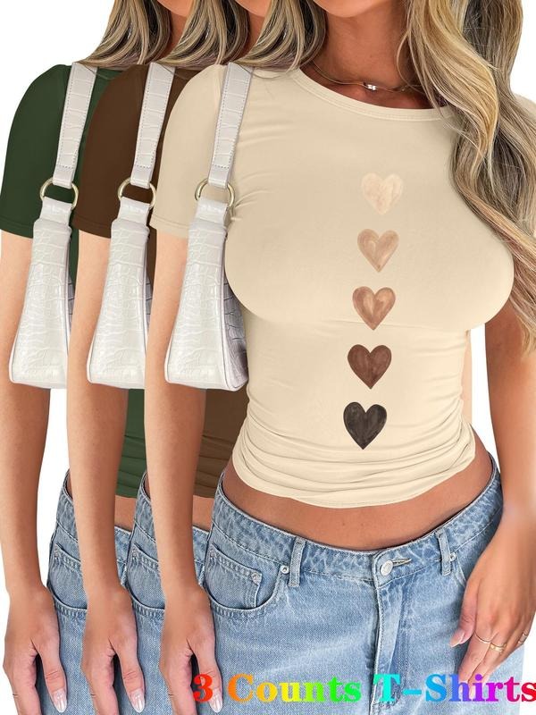 Women's Heart Print Short Sleeve Tee, Casual Round Neck T-shirt for Summer, Ladies Clothes for Daily Wear, Top Hoodie,...