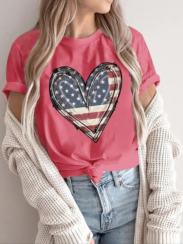 Women's Heart Star Striped Print Round Neck Tee, Casual Short Sleeve T-shirt for Summer, Ladies Clothes for Daily Wear...