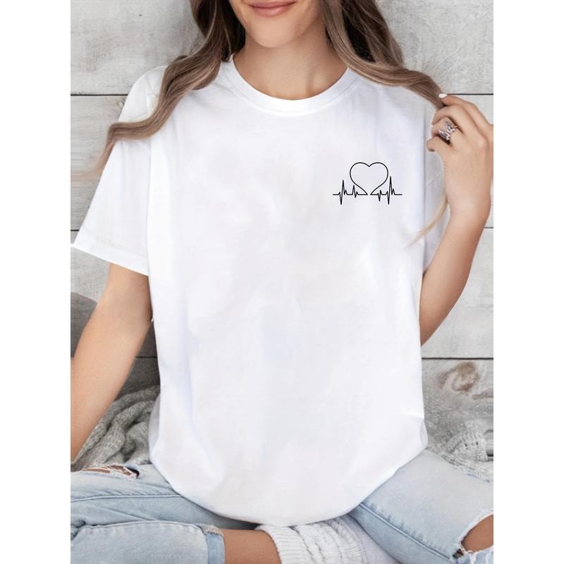 Women's Heart Wave Pattern Printed T-Shirt, 100% Casual Short Sleeve Round Neck Top, Soft & Breathable, Black, Perfect...