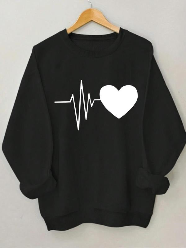 Women's Heartbeat & Heart Print Round Neck Sweatshirt, Casual Long Sleeve Crew Neck Pullover for Spring & Fall, Women's...