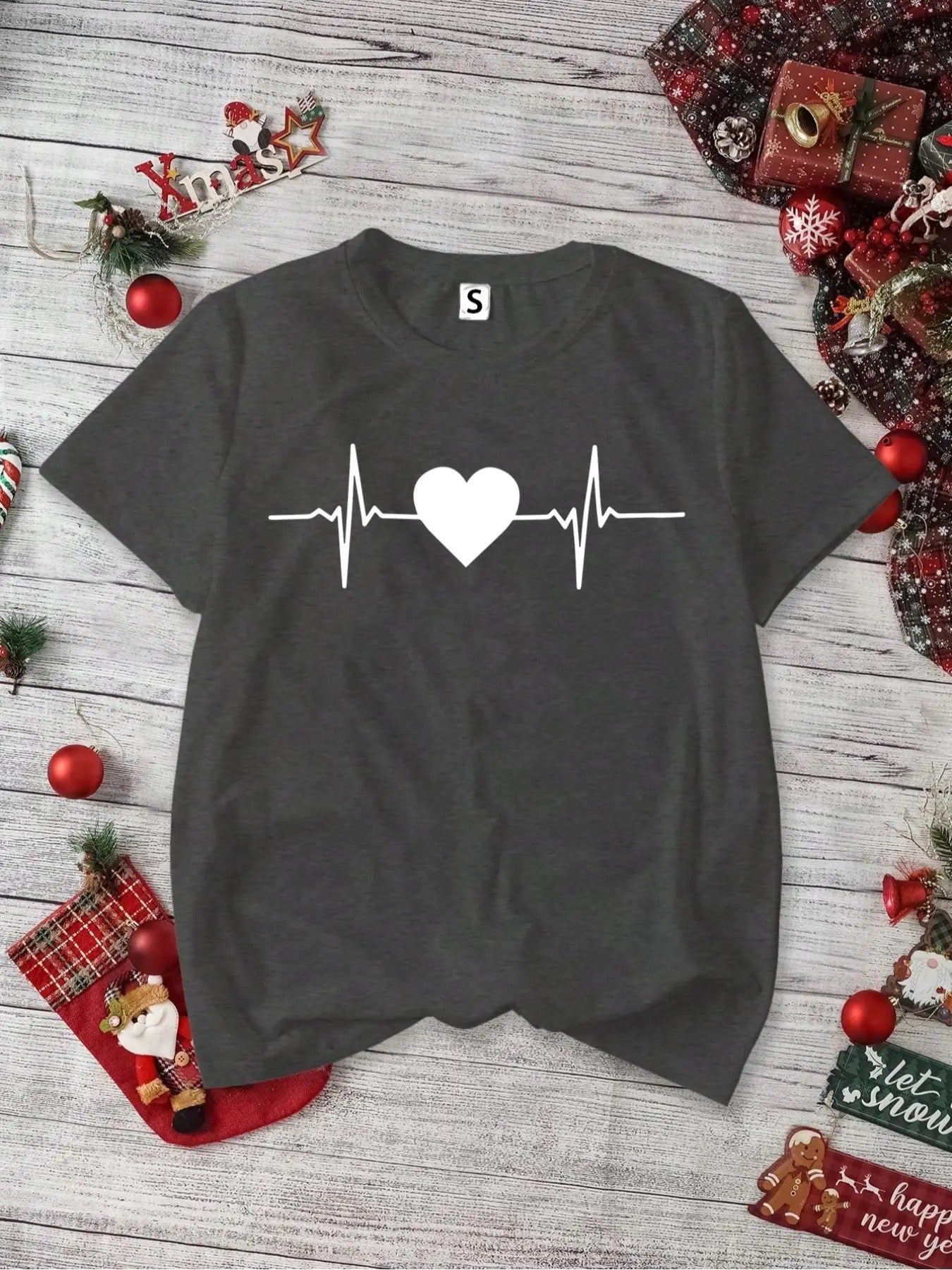 Women's Heartbeat Print Round Neck Tee, Casual Short Sleeve T-shirt for Daily Wear, Ladies Clothes for All Seasons style...