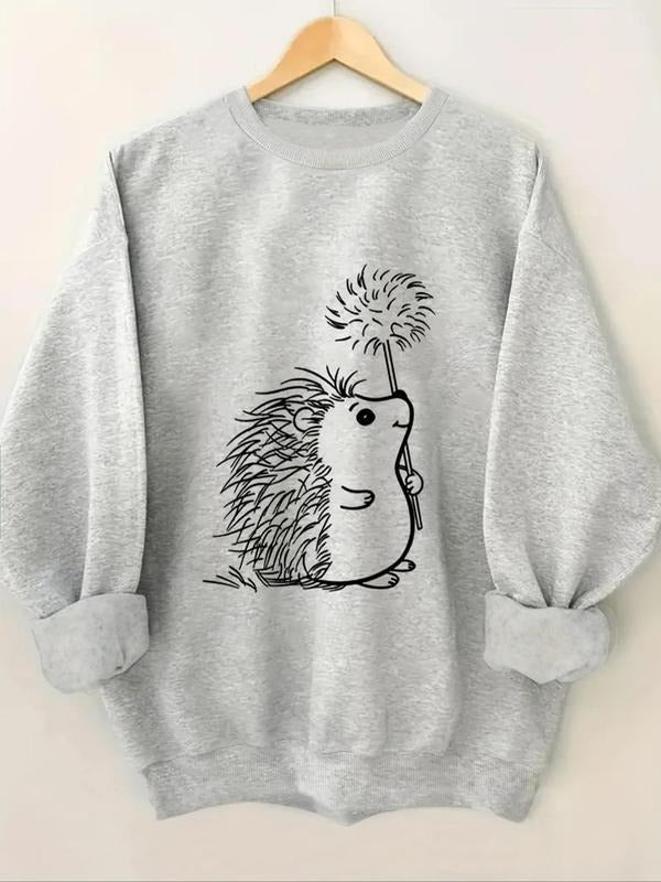 Women's Hedgehog Print Round Neck Sweatshirt, Casual Long Sleeve Crew Neck Pullover for Fall & Winter, Women's Clothes...