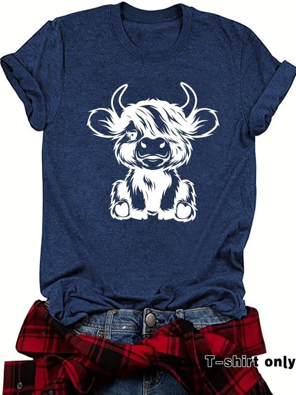 Women's Highland Cow Print Round Neck Tee, Casual Short Sleeve Crew Neck T-Shirt for Summer, Fashion Women's Top for...