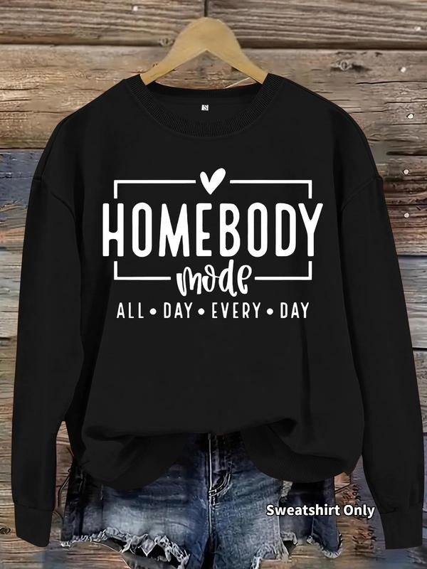 Women's Homebody Print Crew Neck Sweatshirt, Casual Long Sleeve Pullover for Daily Wear, Ladies Clothes for Fall &...