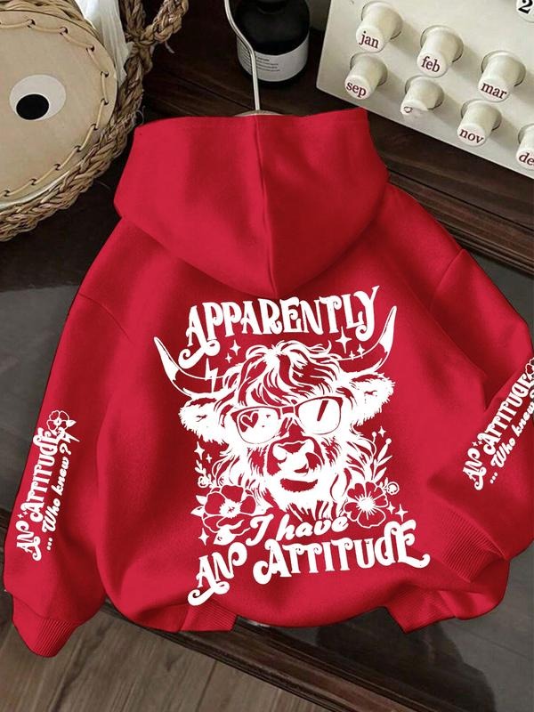 Women's Hooded Sweatshirt with Cartoon Cow Print, Casual Loose-Fit Pullover for Fall & Winter, Korean Style Streetwear...