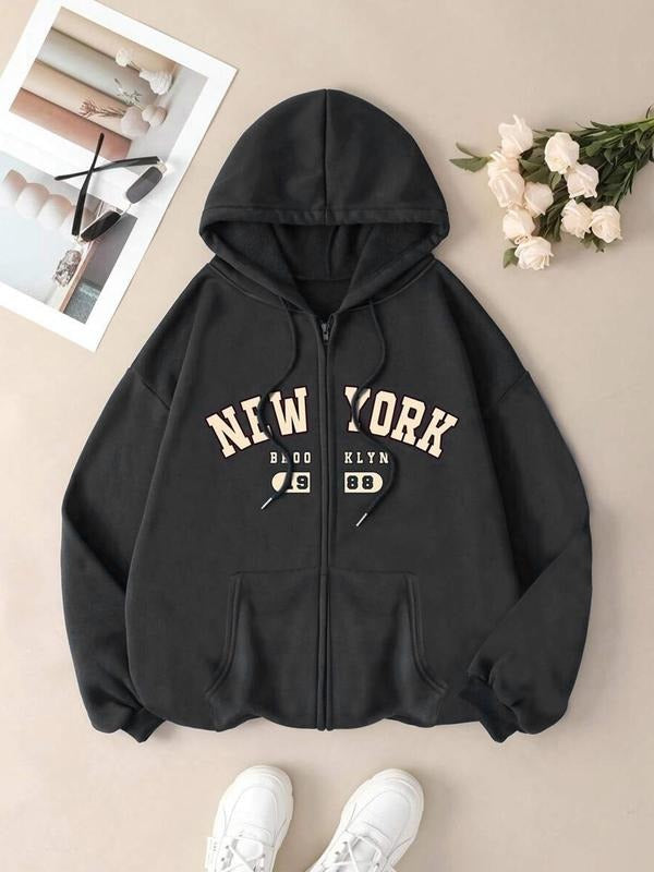 Women's Hooded Sweatshirt with Letter Print, Fleece Lined, Solid Color, Casual Layering Wear, Warm Inner Liner,...