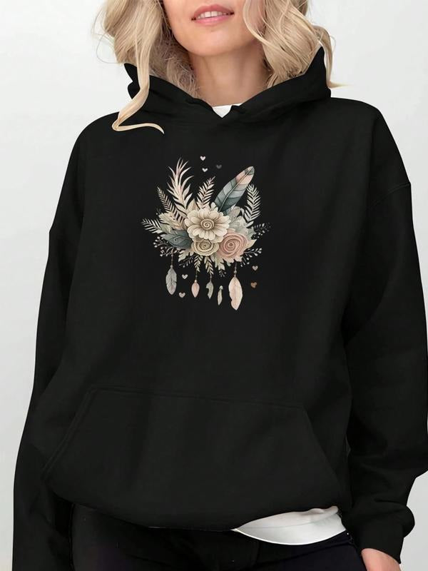Women's Hooded Sweatshirt, Floral Print Casual Loose-Fit Pullover, Fall & Winter Thicken Fabric, Fashion Essential...